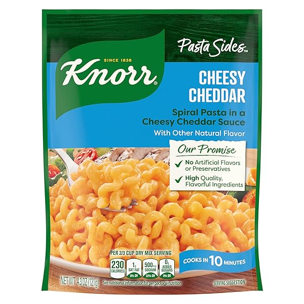 KNORR PASTA SIDES CHEESY CHEDDAR ROTINI FOR DELICIOUS QUICK PASTA SIDE DISHES NO ARTIFICIAL FLAVORS, NO PRESERVATIVES, NO ADDED MSG 4.3 OZ
