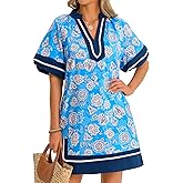 Wenrine Womens Summer Floral Shirt Dresses Puff Sleeve Casual V Neck Color Block Side Slit Loose Beach Mini Dresses