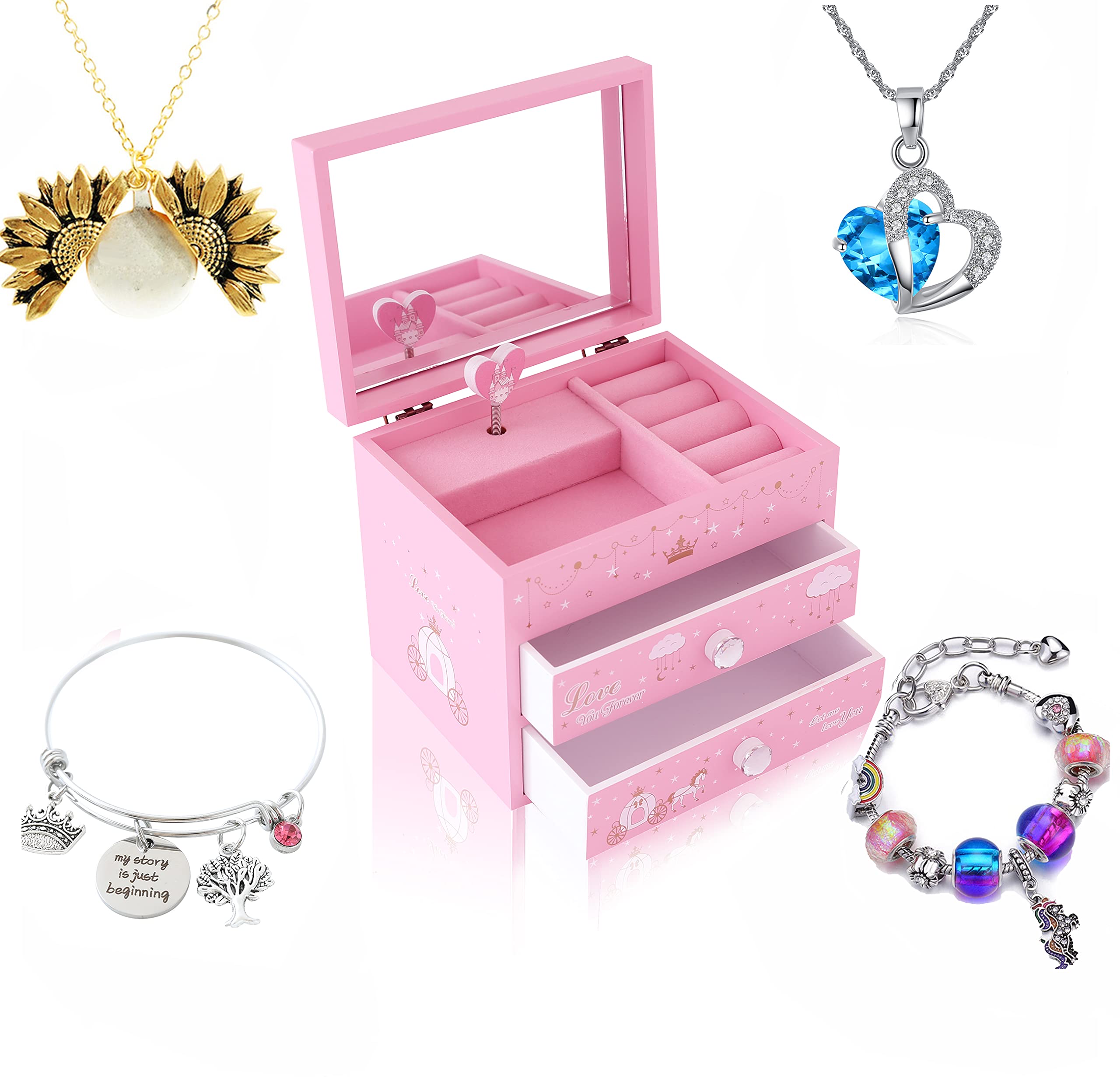 ZOOWING Girls Musical Jewelry Box Toys Gifts with Full Size Mirror and Unicorn Jewelry Set (A-Princess1)