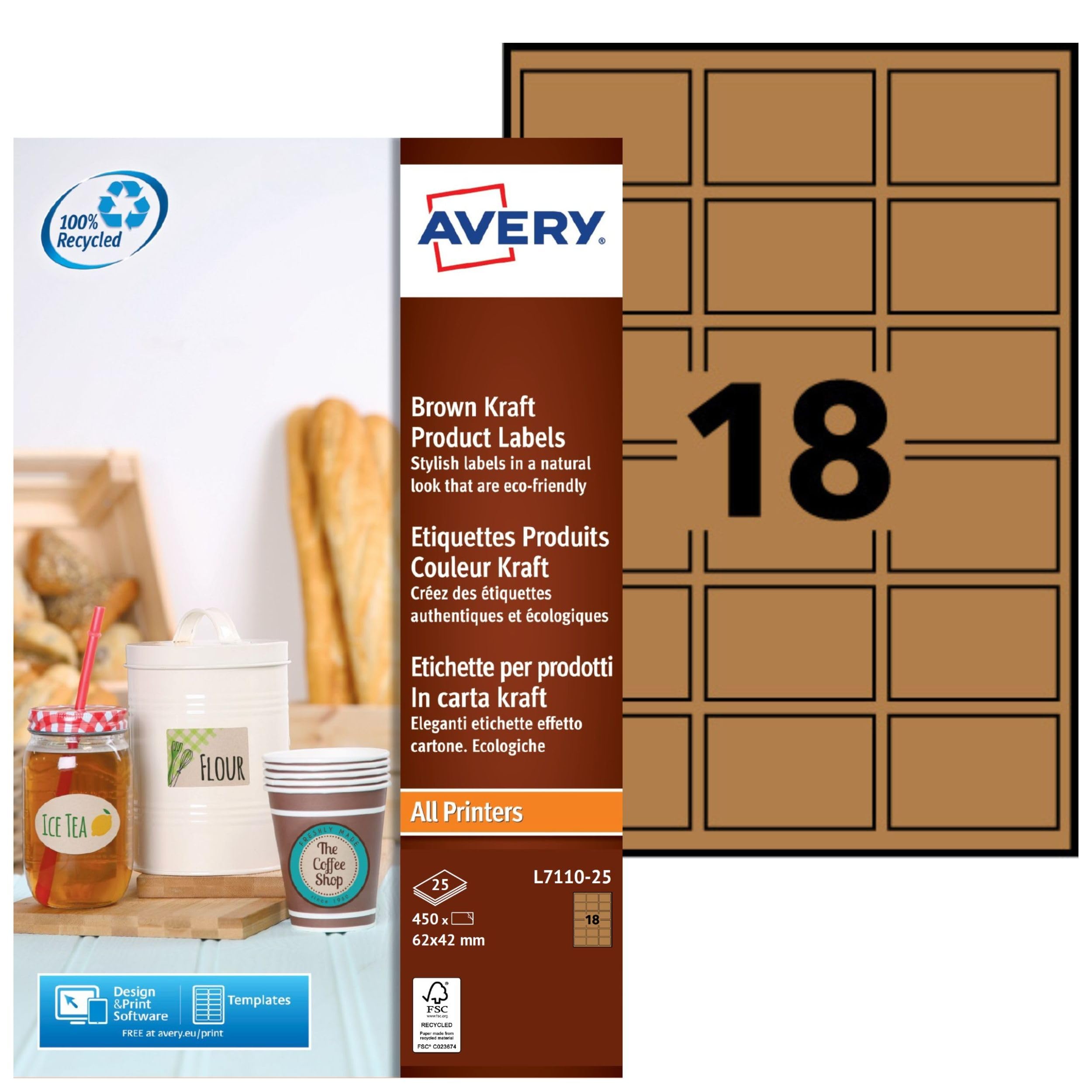 Avery Purpose Form L7110-25 Product-Labels, 42 x 62 mm, 25 Sheet, 450 pcs, Natural Brown