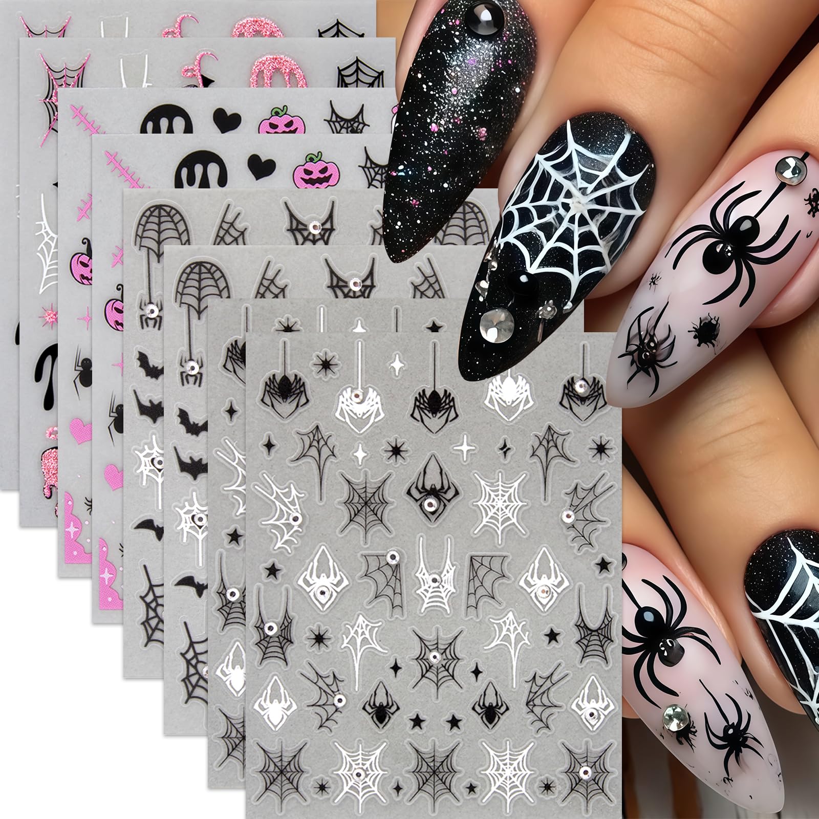 Photo 1 of 8Sheets Halloween Nail Stickers for Nail Art Black White Spider Web Nail Decals Black Pink Stars Love Rhinestones Spider Design Nail Supplies Bats Nail Art Stickers for Women DIY Manicure Decorations