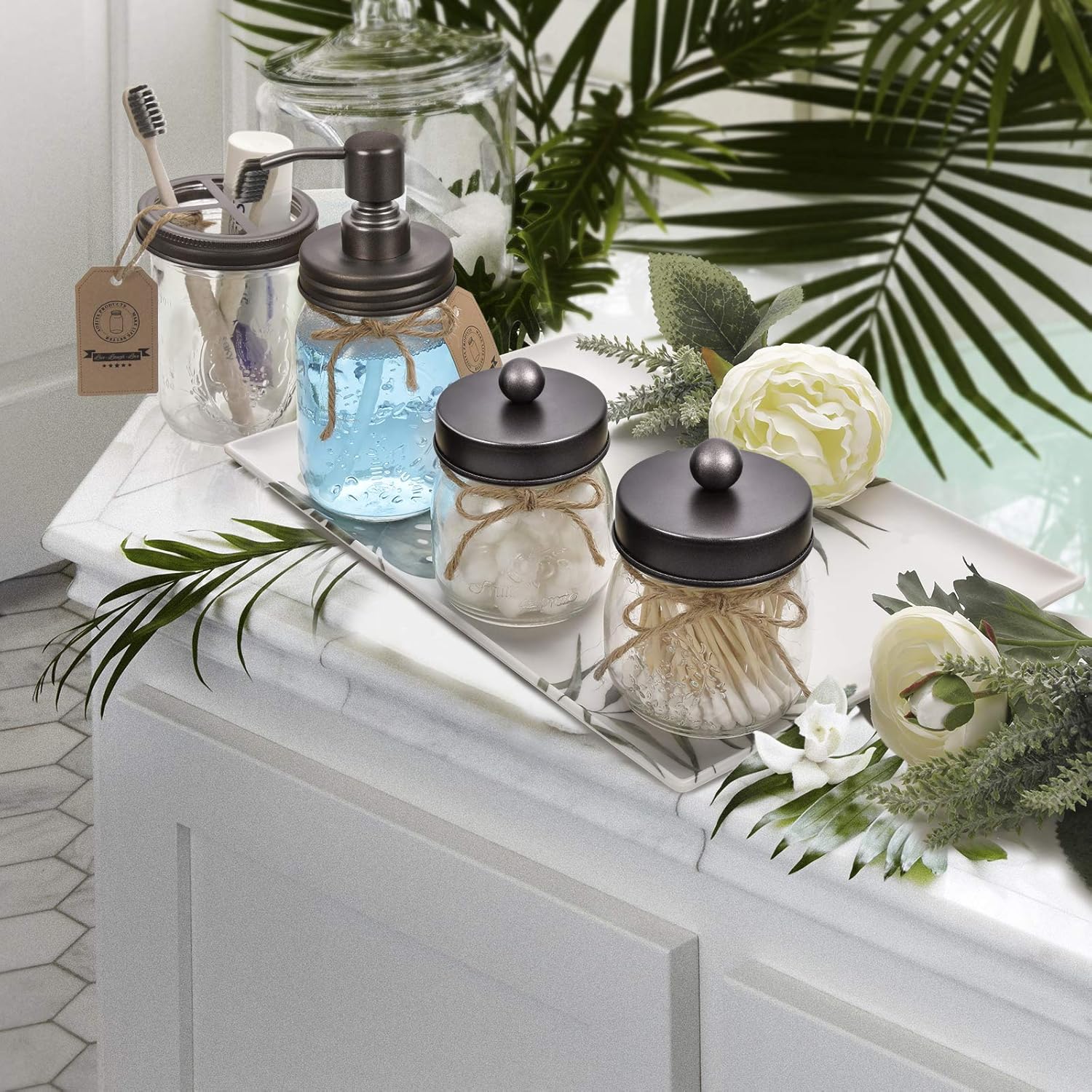 AOZITA Mason Jar Bathroom Accessories Set 4 Pcs - Mason Jar Soap Dispenser & 2 Apothecary Jars & Toothbrush Holder - Rustic Farmhouse Decor, Bathroom Home Decor, Countertop Vanity Organize - Bronze: Home & Kitchen