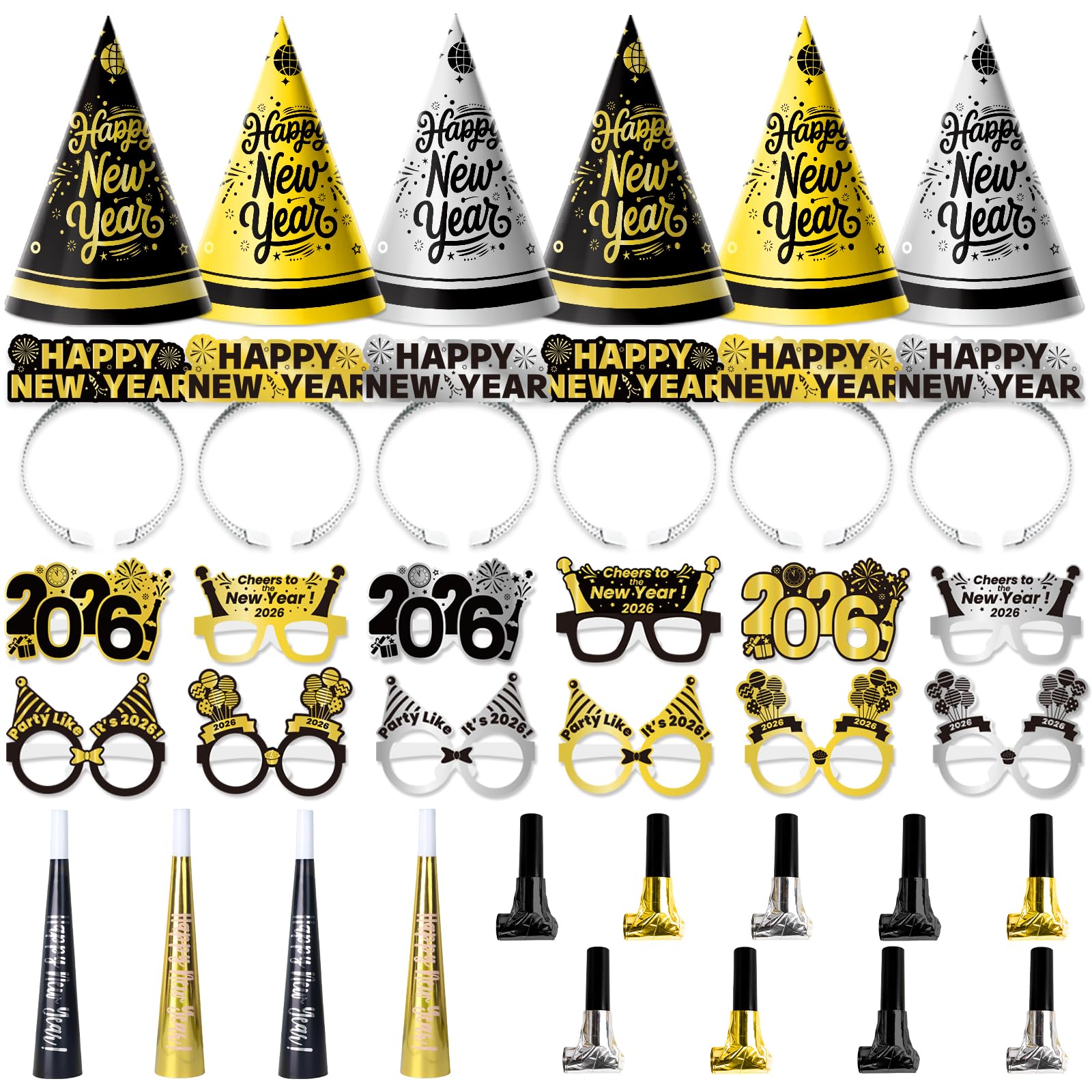 Photo 1 of VinForsoul 72PCS New Years Eve Party Supplies 2026 for 24 Guests, Happy New Years Decorations Party Favors Includes Top Hats, Tiaras, Glasses, Noise Makers Accessories for Adults Kids Nye Decorations