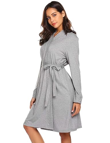 Morgenmantel Damen Kimono Langarm Schlafmantel Bademantel Dünn Leicht Knielang Robe Saunamantel Mit Polka Punkten