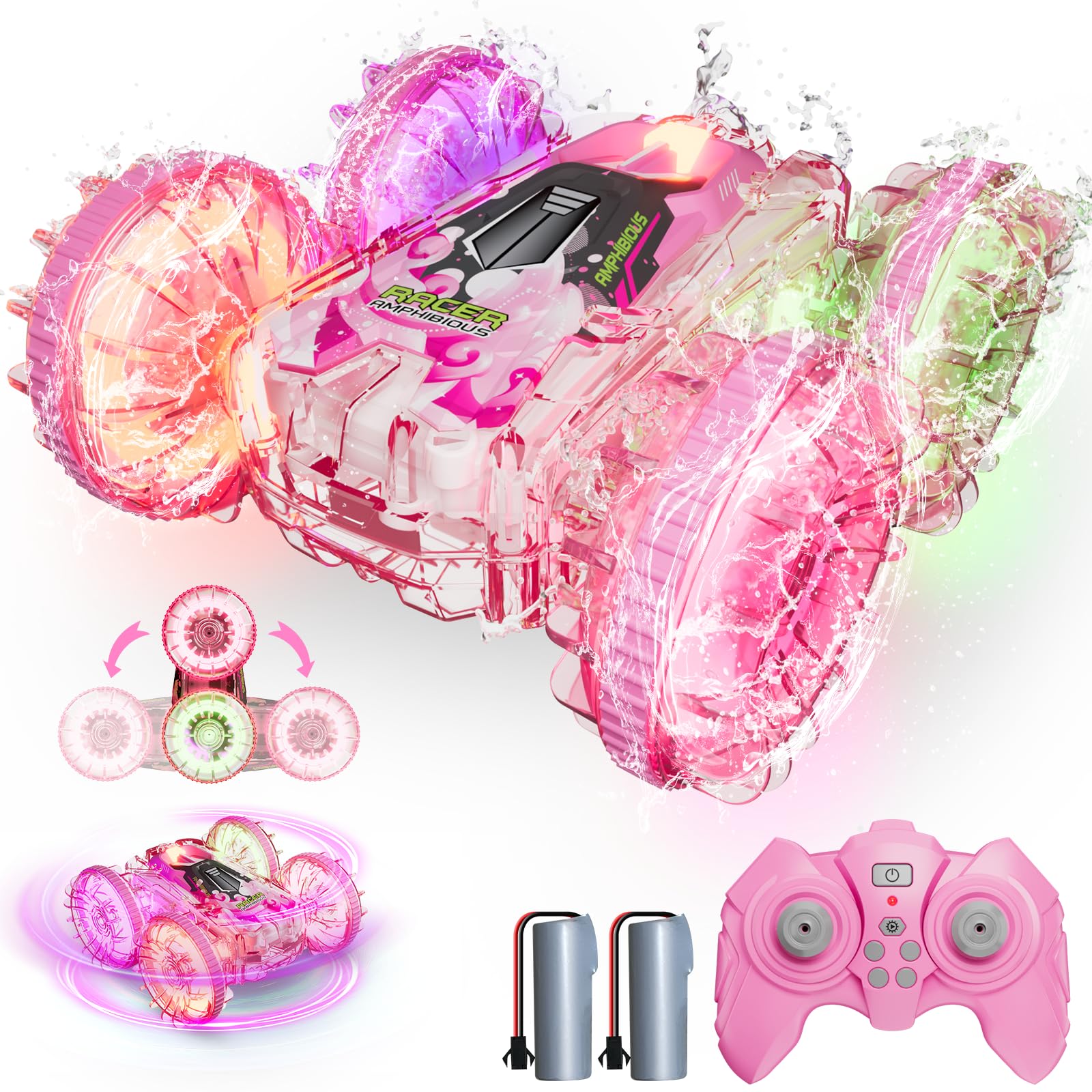 Photo 1 of BFUNTOYS Amphibious Remote Control Car for Water or Land Play, RC Car for Kids Girls with LED Lights 4WD Stunt Car Pink Pool Toys with 70/36Minutes Play 2Batteries,360°Rotation,180°Flip,2.4GHz Remote