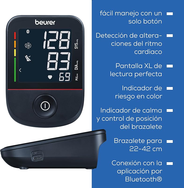 BM 48 Tensiómetro de brazo, operación sencilla con un solo botón, medición suave y rápida, detección de arritmias, 22-42 cm, con aplicación, transferencia de datos a Apple Health y más