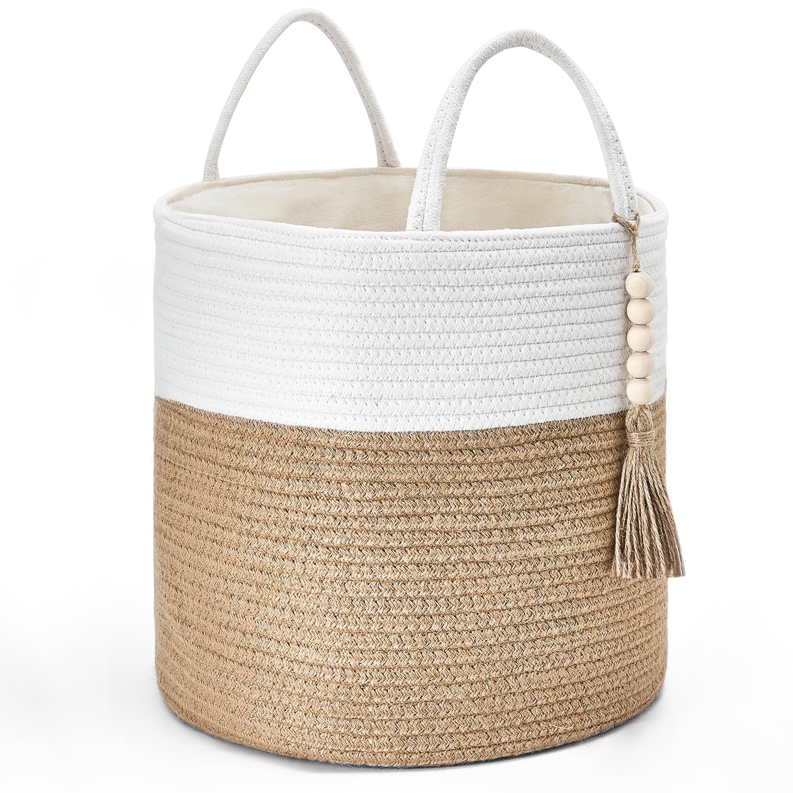 Mkono Woven Storage Basket Decorative Rope Basket Wooden Bead Decoration for Blankets,Toys,Clothes,Shoes,Plant Organizer Bin with Handles Living Room Home Decor, 11" W x 11"L,White and Yellow