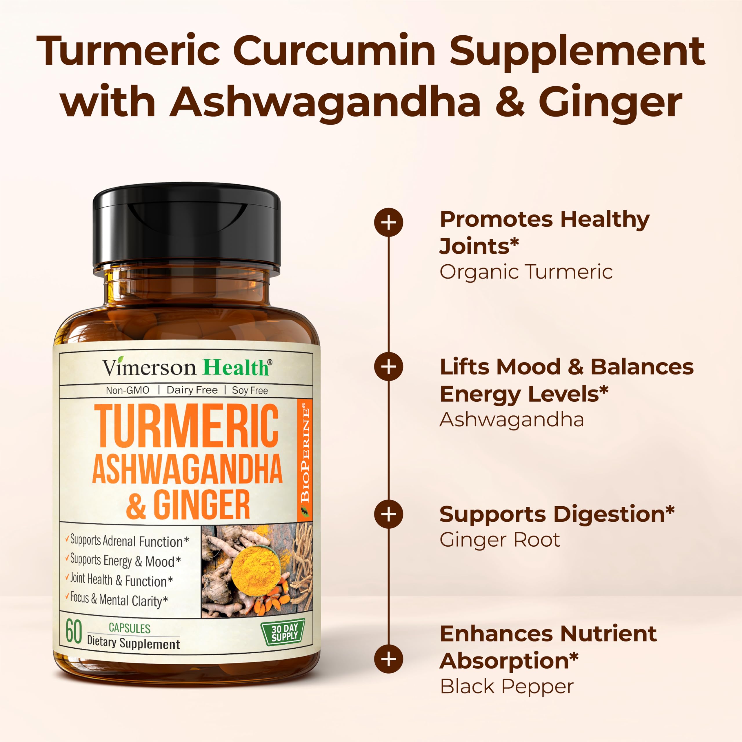 Ashwagandha Turmeric Curcumin Supplement with Ginger - Organic Turmeric Supplement, Curcumin with Black Pepper (95% Curcuminoids), Ginger Root for Joint Health, Energy & Immune Support. 60 Capsules