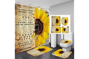 AZHM 4pcs Shower Curtain Sets with Rugs Sunflower Bathroom Set Décor Inspirational Quotes Bathroom Curtains Shower Set with Rugs and Accessories