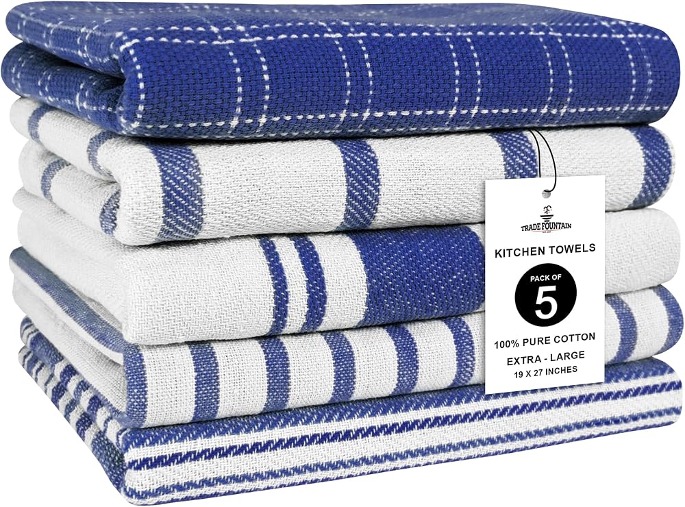 Trade Fountain 5 Pack Kitchen Towels 19x27 Pure Cotton Extra Large