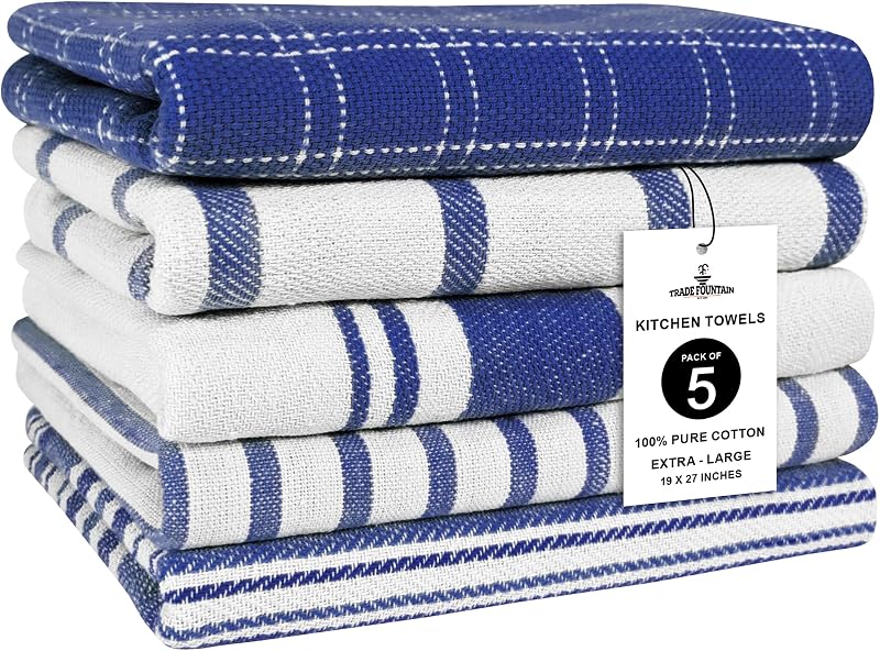 Trade Fountain 5 Pack Kitchen Towels 19x27 Pure Cotton Extra Large
