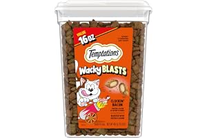 Temptations Wacky Blasts Cat Treats, Cluckin' Bacon Flavor, 16 oz | Chicken, bacon & catnip flavor bits, crunchy outside, soft inside, under 2 cal, 100% complete & balanced, resealable tub