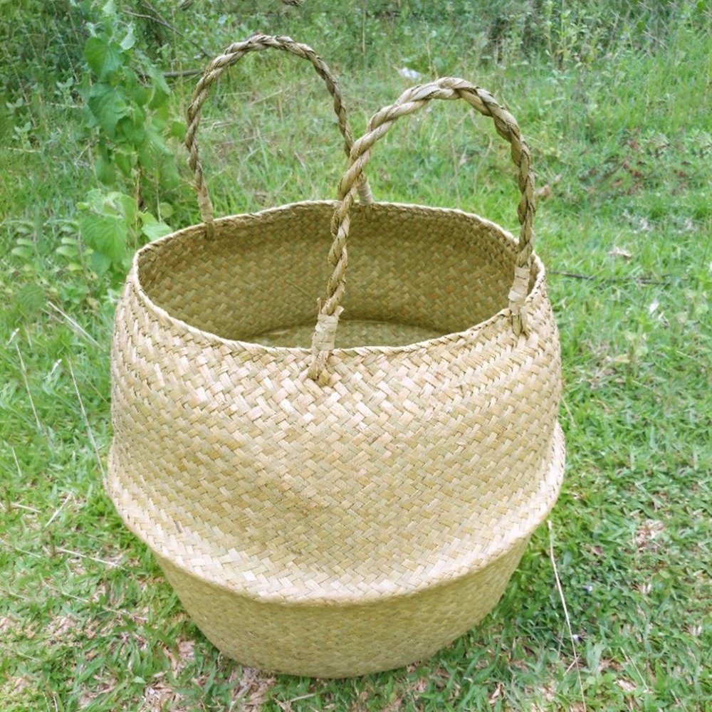 MYLE New Household Foldable Natural Seagrass Woven Storage Pot Garden Flower Vase Hanging Basket With Handle Storage Bellied Basket