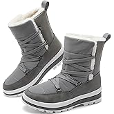 Rominz Women's Winter Snow Boots - Waterproof Black Fur Lined Warm Mid Calf Non-Slip Ankle Boots - White Lace-Up Platform
