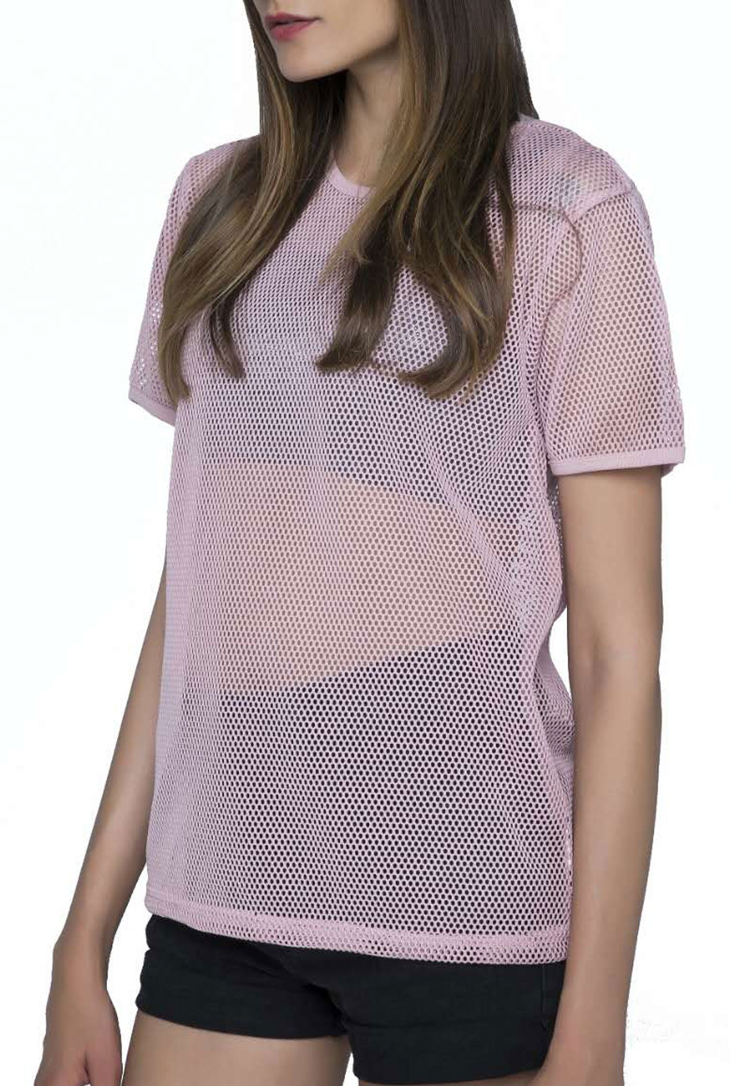 SPECIALMAGIC Fashion Short Sleeve See Through Sheer Mesh T Shirt Top Pink S