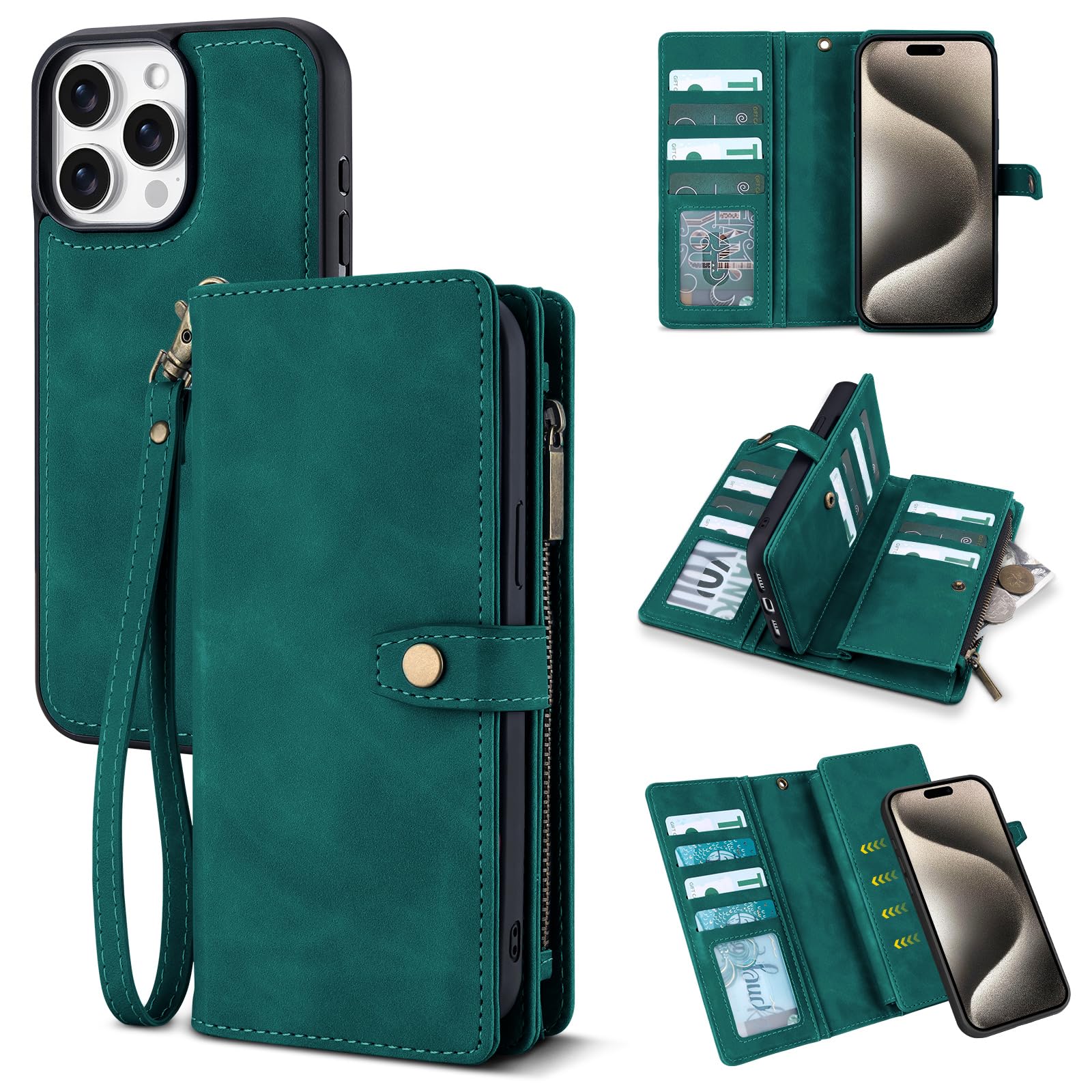 Photo 1 of TwoHead Wallet Case Compatible with iPhone 15 Pro Max,Detachable Magnetic Phone Case,All-Round Shockproof Protective Leather Phone Case with Card Holder,6.7 in,Green
