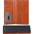 VISOUL Mens Billfold Long Checkbook Wallet Leather with RFID Blocking, Large Bifold Secretary Cash Wallet Tall with 12 Card Slots for Men (Black+Orange)