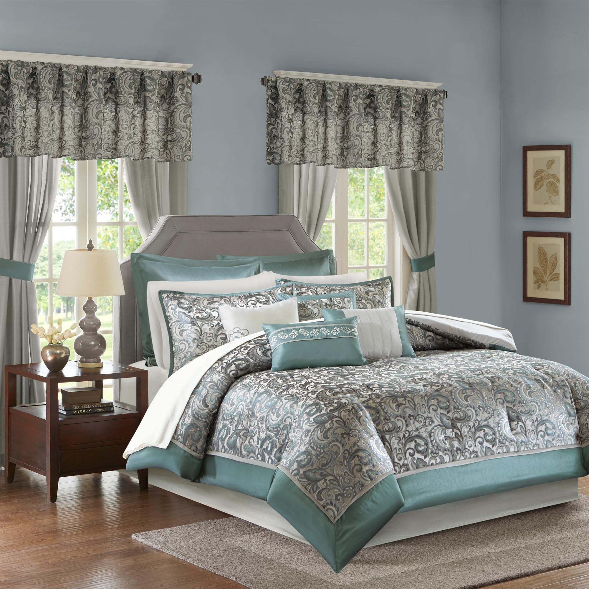 Photo 1 of Madison Park 24 Piece Faux Silk Paisley Queen Comforter Set with Matching Curtains, Down Alternative Hypoallergenic - Teal, Queen (90 in x 90 in)