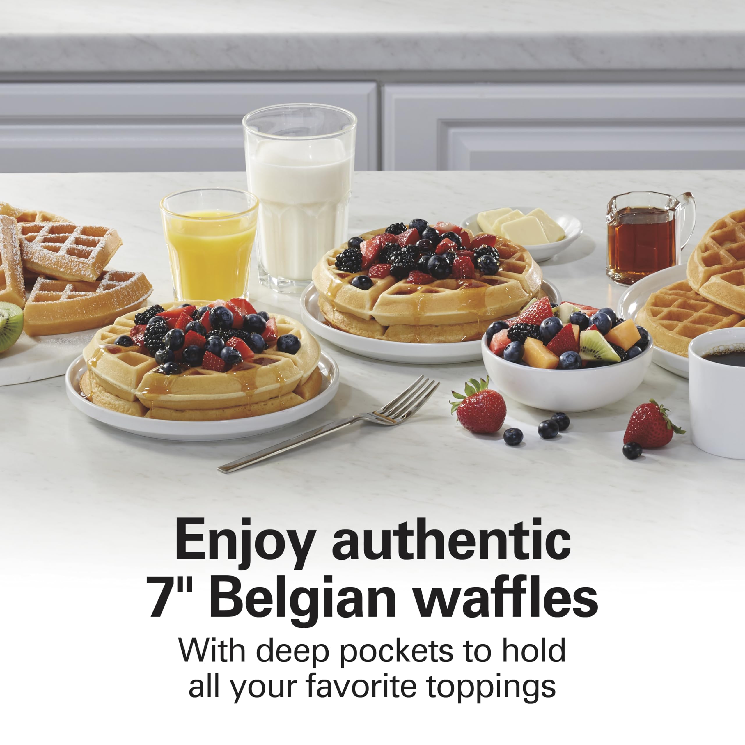 Hamilton Beach Belgian Waffle Maker with PFAS-Free Non-Stick Ceramic-Coated Plates, Browning Control, Indicator Lights, Stainless Steel (26081)