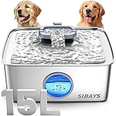 SIBAYS 4Gal/15L Dog Water Fountain, Stainless Steel Large Capacity Pet Water Fountain with Water Level LED Light, Automatic Quiet Dog Water Bowl Dispenser for Large Dogs & Multi-Pet Easy to Clean FS79