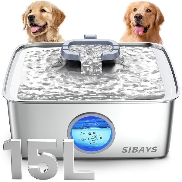 SIBAYS 4GAL/15L DOG WATER FOUNTAIN, STAINLESS STEEL LARGE CAPACITY PET WATER FOUNTAIN WITH WATER LEVEL LED LIGHT, AUTOMATIC QUIET DOG WATER BOWL DISPENSER FOR LARGE DOGS & MULTI-PET EASY TO CLEAN FS79