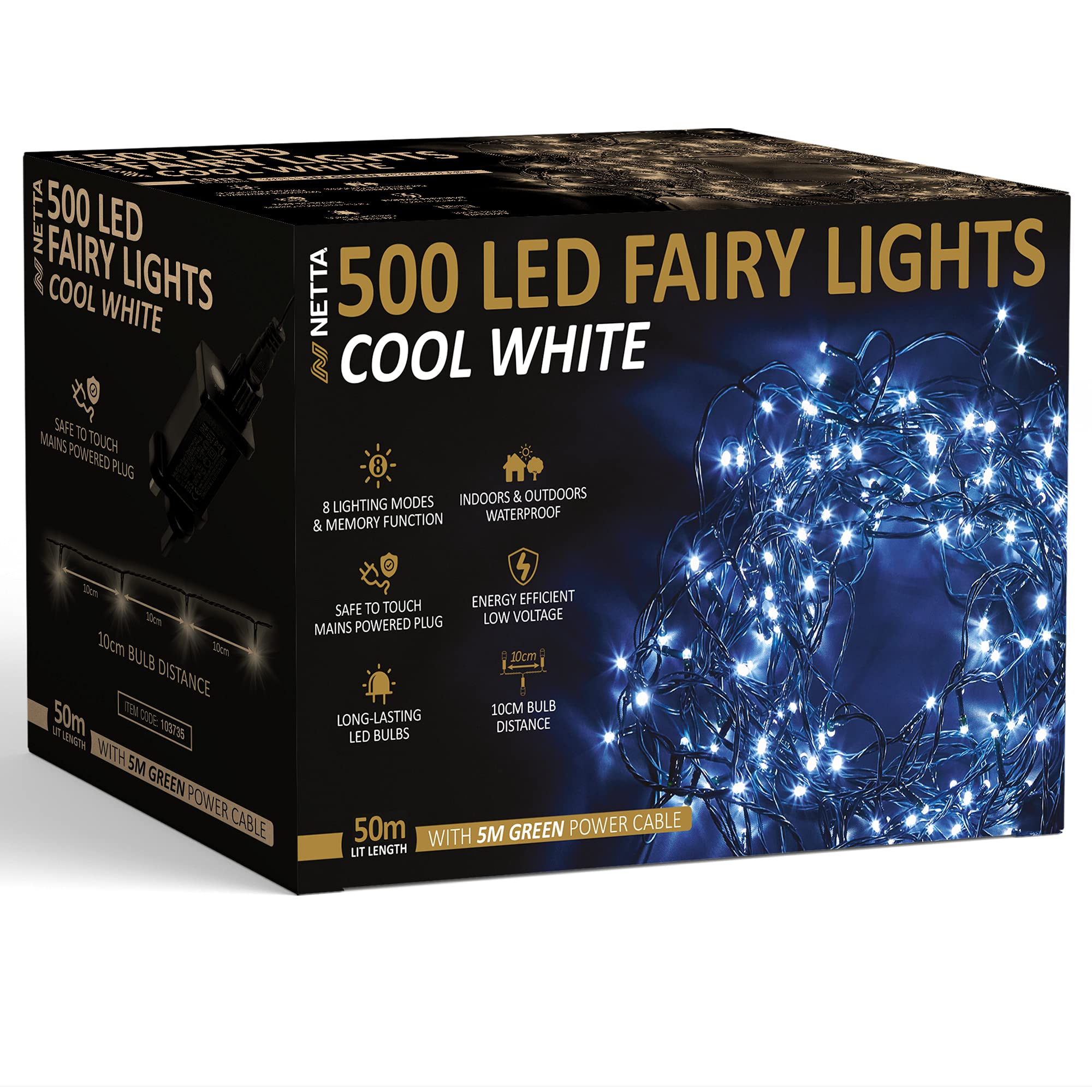NETTA Christmas Tree Fairy Lights - 50M 500 LED Mains Powered, Waterproof Outdoor String Light, 8 Modes Plug in Lighting Outside Indoor & Outdoor Garden Xmas Decorations - Cool White