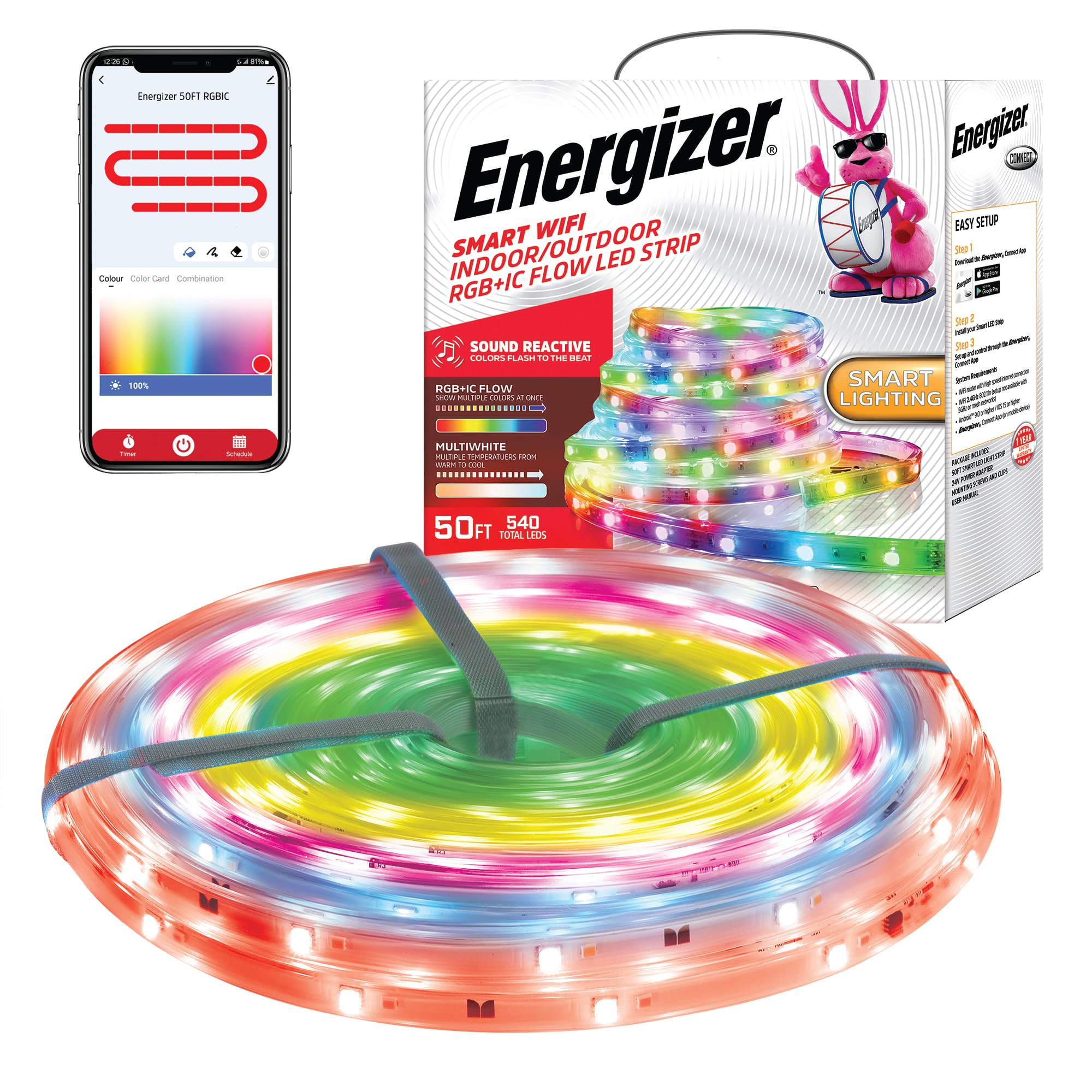 Photo 1 of Energizer Smart Indoor & Outdoor RGB+IC+WW LED 50 Foot Light Strip, Sound Reactive, IP65 Waterproof, Remote Access App & Voice Control with Alexa, Siri, Google, Grouping, Scheduling, Wi-Fi No Hub