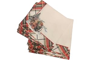 “Christmas Plaid Napkins – Vintage Sleigh & Tree Design, Red Green Holiday Party Luncheon Napkins, 16 Count – Festive Winter 