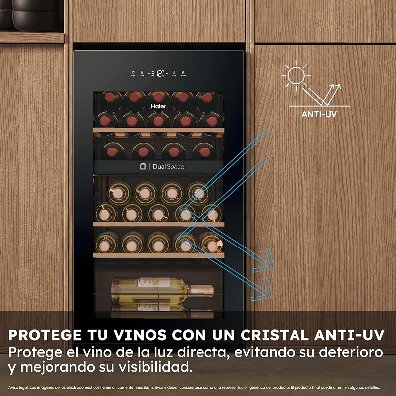 Wine Bank 50 Series 5 HWS32GDG Vinoteca de 32 Botellas, 2 Zonas Independientes, Estantes de Madera, Filtro Anti-UV, Sistema Antivibración, Display Digital, Iluminación LED, 37 dbA, Negra