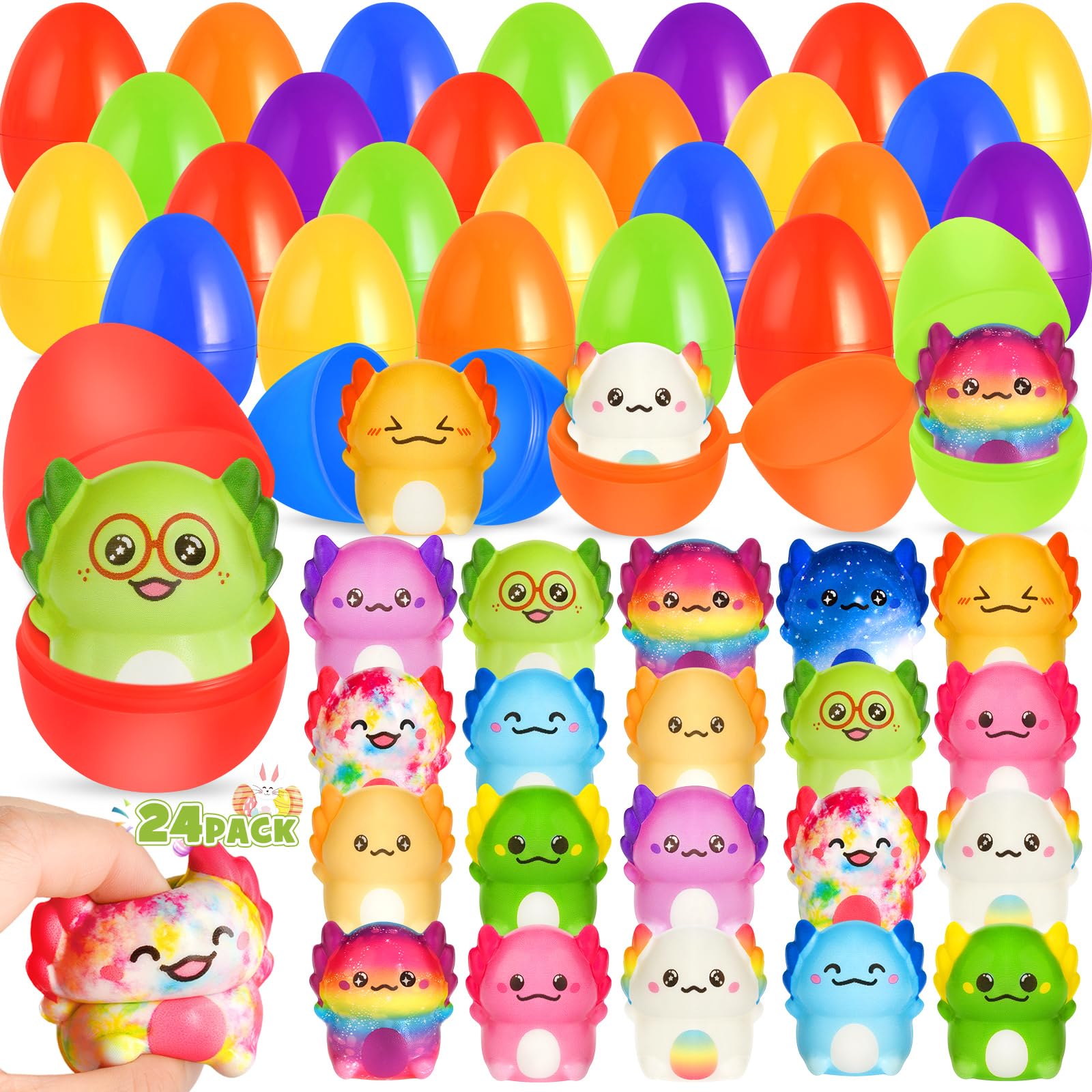 24 Pack Easter Eggs with Axolotl Slow Rising Squishy Toys Inside for Kids, Easter Eggs Filled for Egg Hunt Party Favors, Easter Basket Stuffers Classroom Prizes, Easter Egg Fillers for Boys Girls