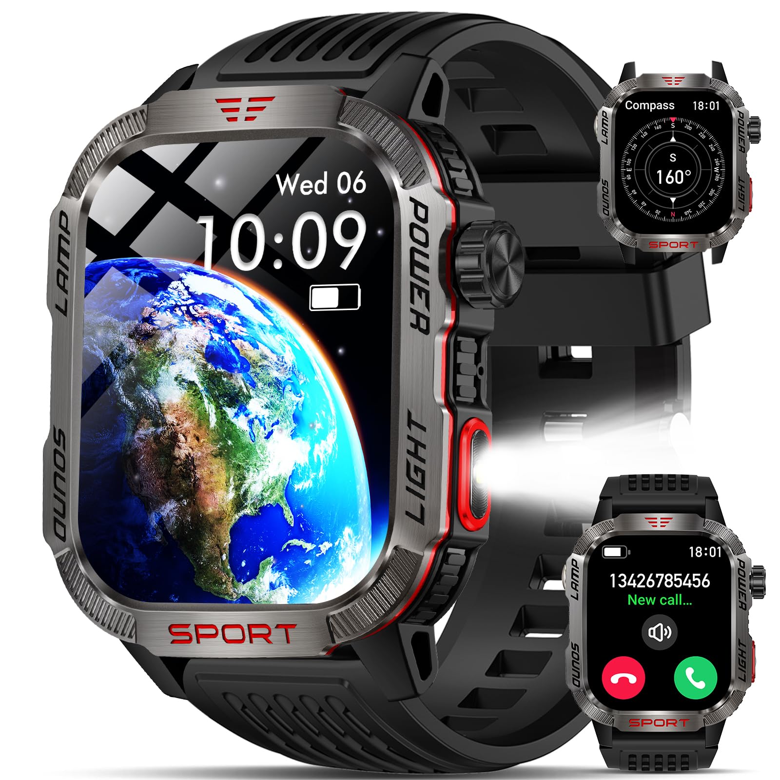 Photo 1 of YYKY Military Smart Watches for Men - 40 Days Battery Life, Compass & Flashlight - 2.01'' HD IP68 Waterproof Smart Watch, Fitness Tracker with Call, Heart Rate, Sleep Monitor,100+ Sport Modes