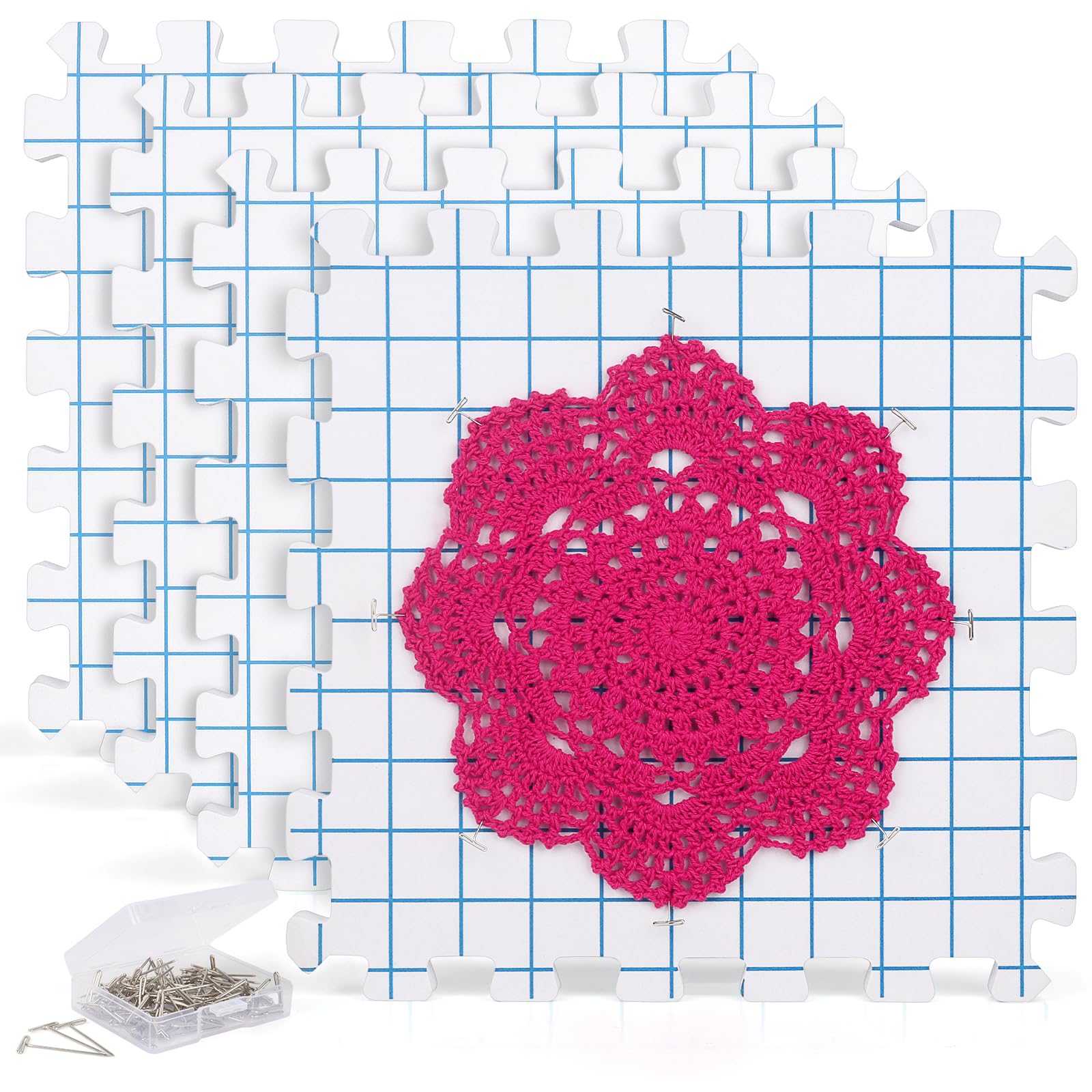 Blocking Mats for Knitting, Aeelike Knitting Blocking Mats and Pins Set, 4 Pack 11 inch Thick Crochet Blocking Boards Mat with Grids and 100 T pins, Large Foam Blocking Mats for Crochet Granny Squares