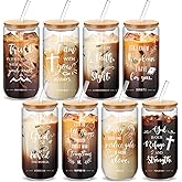Skylety 8 Sets Christian Glass Cups with Lids and Straws Brushes 16 oz Iced Coffee Cups Inspirational Water Bottle Christian Tumbler Drinking for Women Men Coworkers