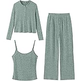 ANRABESS Women 3 Piece Lounge Pajama Sets Knit Crop Cardigan Cami Top Wide Leg Pants 2025 Fall Outfits Comfy Matching Clothes