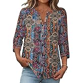 Zeagoo Button Down Shirts for Women 3/4 Sleeve Linen Cotton V Neck Tops Dressy Casual Loose Work Blouses