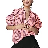 Freyhem Womens Summer Pleated V Neck T Shirts Short Sleeve Casual Loose Blouses Striped Tunics Swing Top
