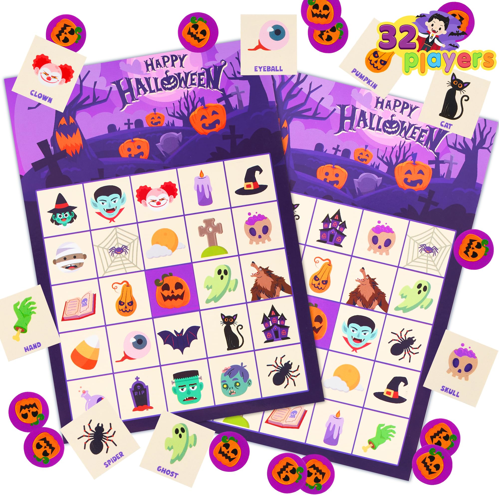 Photo 1 of ***Factory seal***
JOYIN 32 Players Halloween Bingo Card Game, Kids Bingo Cards Set for Halloween Party Games, Large Group Family Activities, School Classroom Party Supplies
