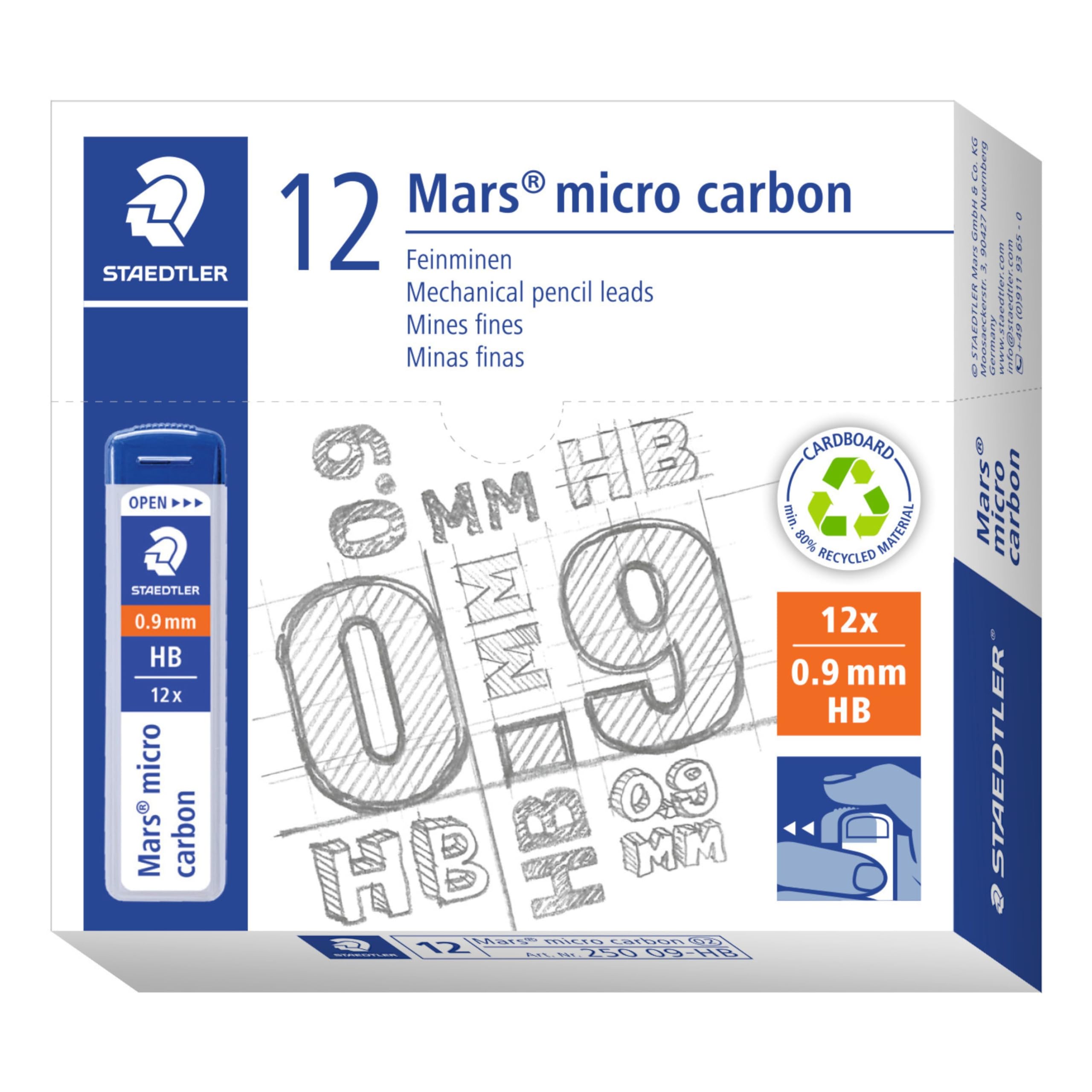 STAEDTLER 250 09-HB Mars Micro Refill Leads for Mechanical Pencils - HB, 0.9mm (Box of 12 x Tubes of 12 Leads), Blue