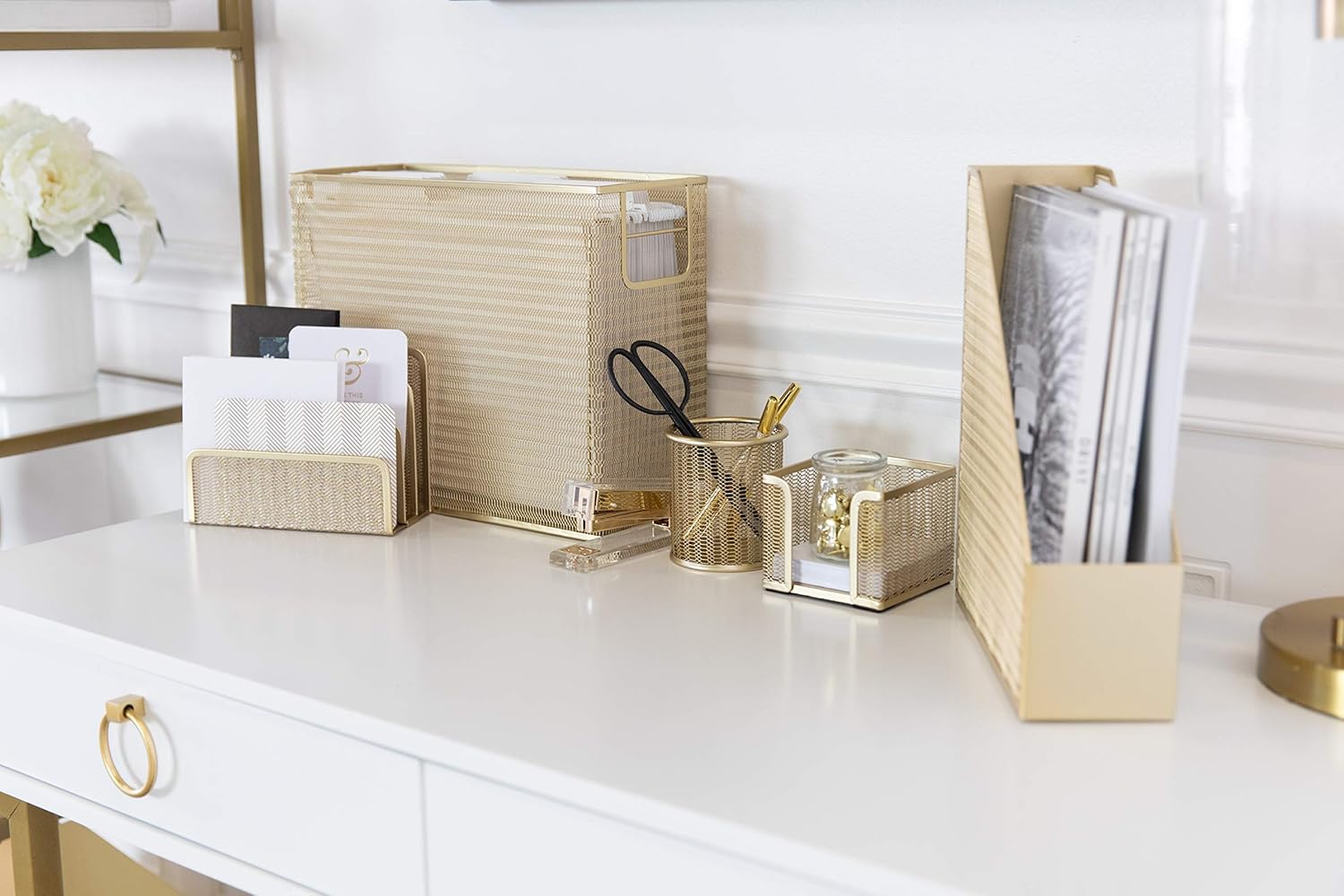 Blu Monaco 5 Piece Cute Office Supplies Gold Desk Organizer Set - with Desktop Hanging File Organizer, Magazine Holder, Pen Cup, Sticky Note Holder, Letter sorter - Gold Desk Accessories: Home Improvement