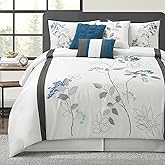 LANCO MODERN LIFESTYLE White King Comforter Set, 7 Pieces Bed in a Bag, Elegant Floral Leaves Embroidery, Soft and Lightweight All Seasons Bedding Set, Bedskirt, Pillow Shams, Decor Pillows