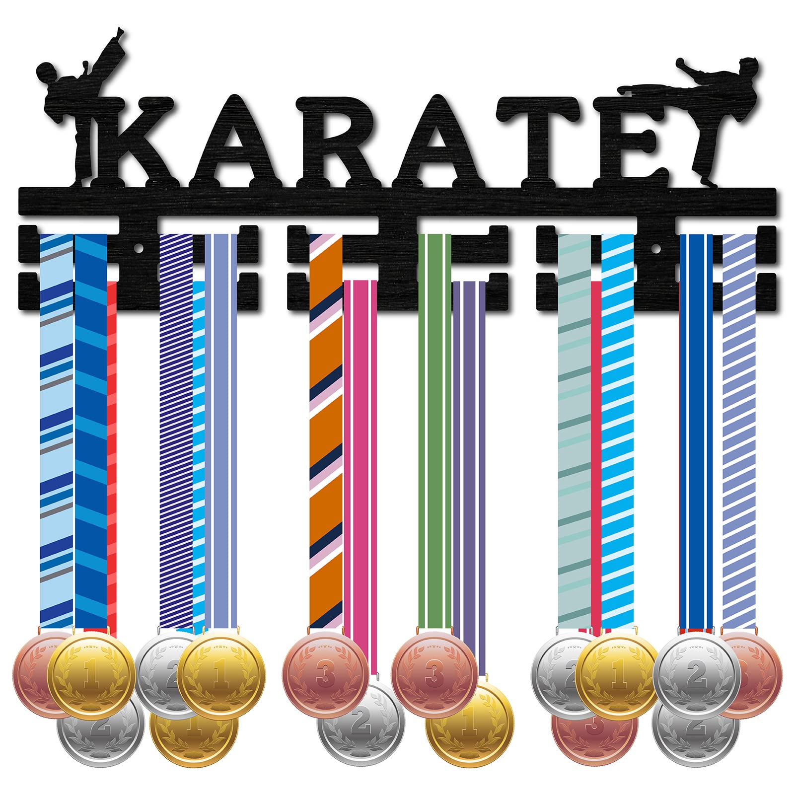 CREATCABIN Karate Medal Holder Sport Medal Hanger Medal Rack Display Wall Rack Mounted over 30 Medals Wooden for Swimmer Running Soccer Gymnastics Athletes Champions Medalist Black 15.7x5.9Inch