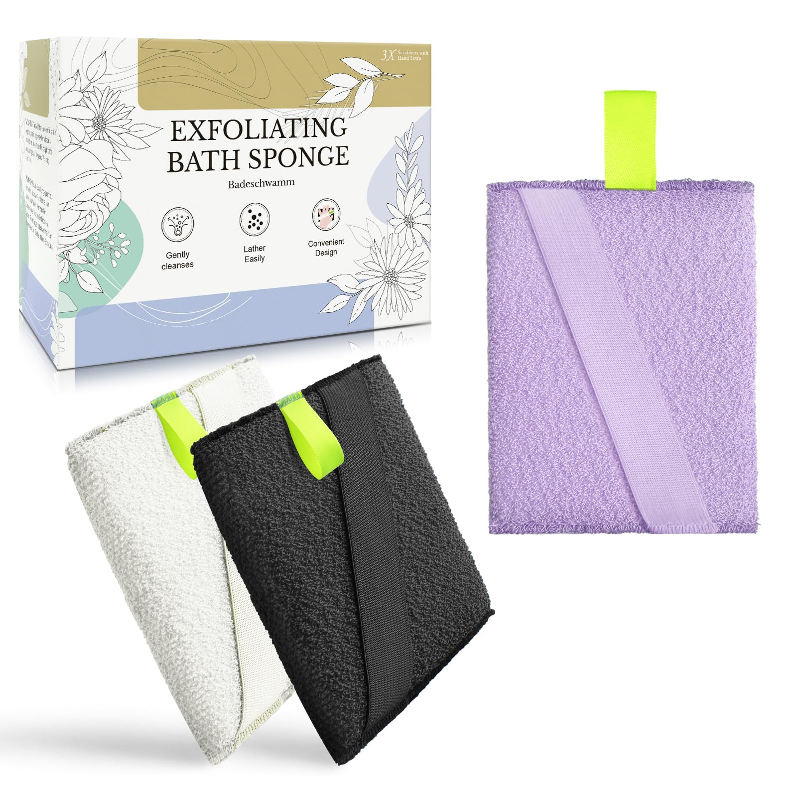 Migliore Wear 3 Pack Bath Scrubbers - Upgraded EXFOLIATING Shower Sponges for Adults, Double Sided Body Scrubber with Hand Strap, Natural Bath/Shower Scrubber for Removing Dead Skin, Massage