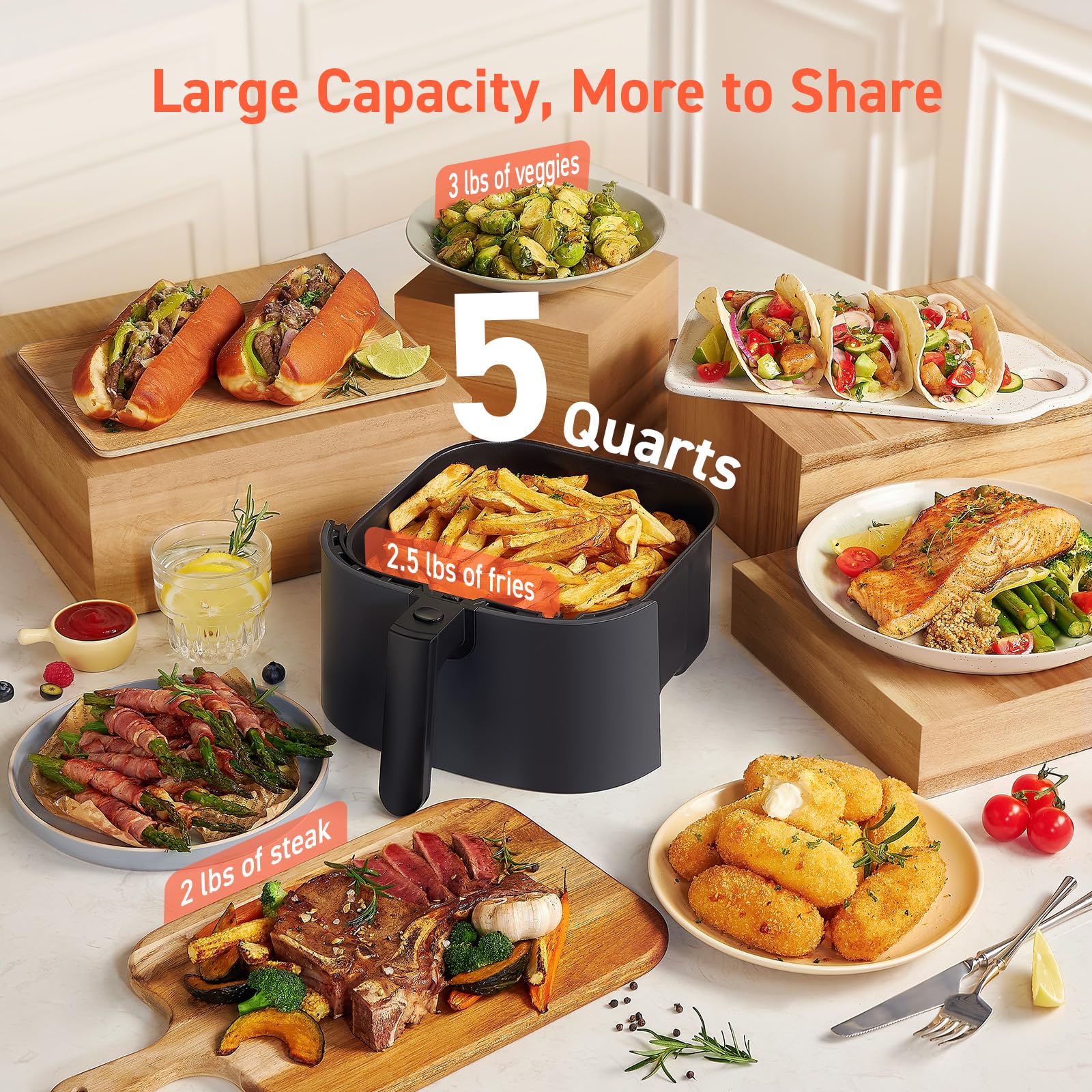COSORI Air Fryer Pro 9 en 1, compacta 5QT, 450 ℉: cocina de medio tiempo y de calidad de chef, panel de vidrio que se limpia con un solo paño, más de 130 recetas en la aplicación con información nutricional, canasta antiadherente y apta para lavavajillas, cerámica, gris