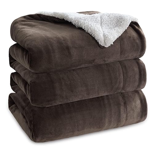 Bedsure Sherpa Fleece Throw Blanket - Thick and Warm, Fluffy Microfiber & Solid Soft Blankets for Bed and Couch Queen Size Coverlet Sets, Brown, 220x240cm