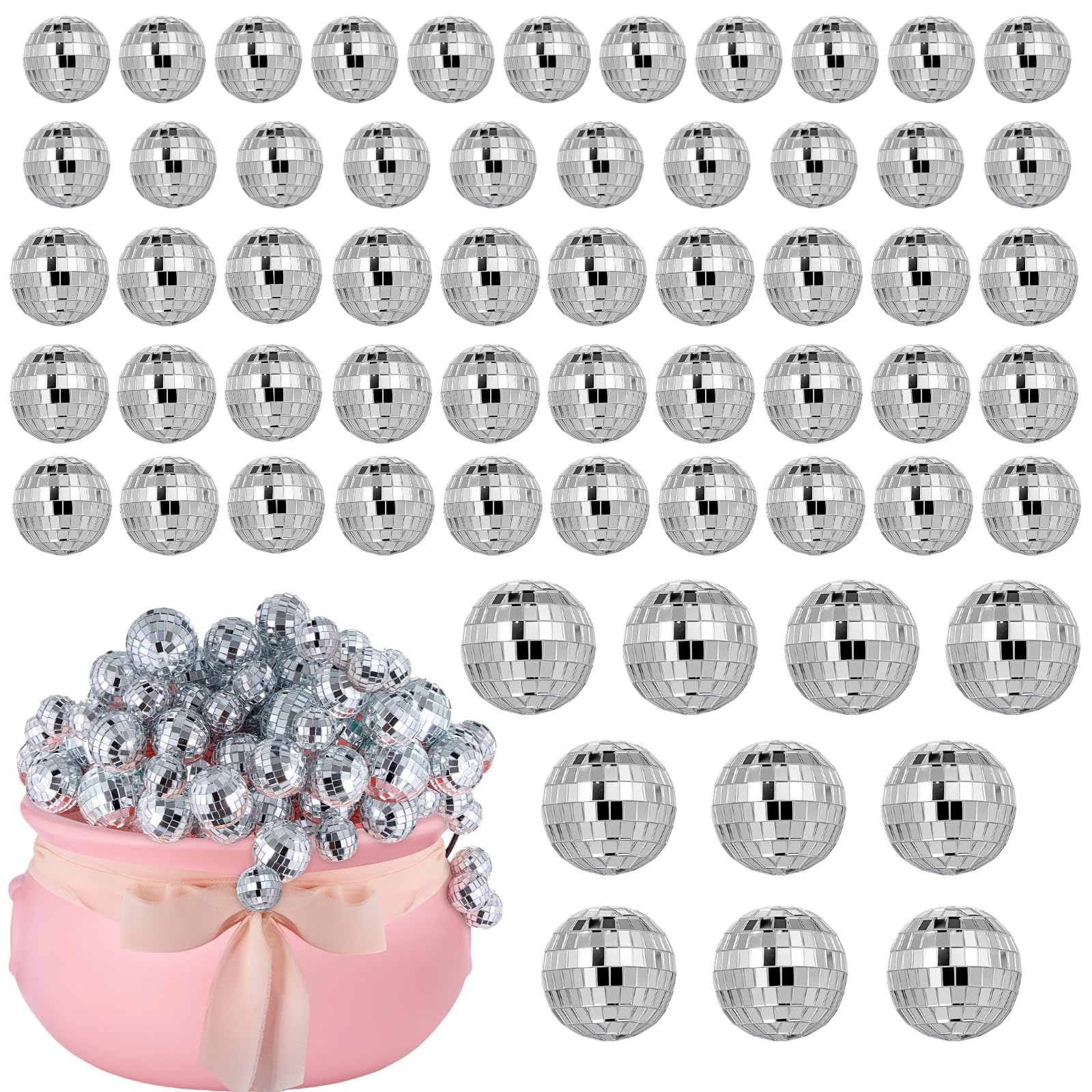 Photo 1 of 62 Pcs Pink Christmas Decorations Silver Mirror Disco Ball Decorations Indoor DIY Christmas Pink Tabletop for Xmas Party Kitchen Table Home Decoration Set