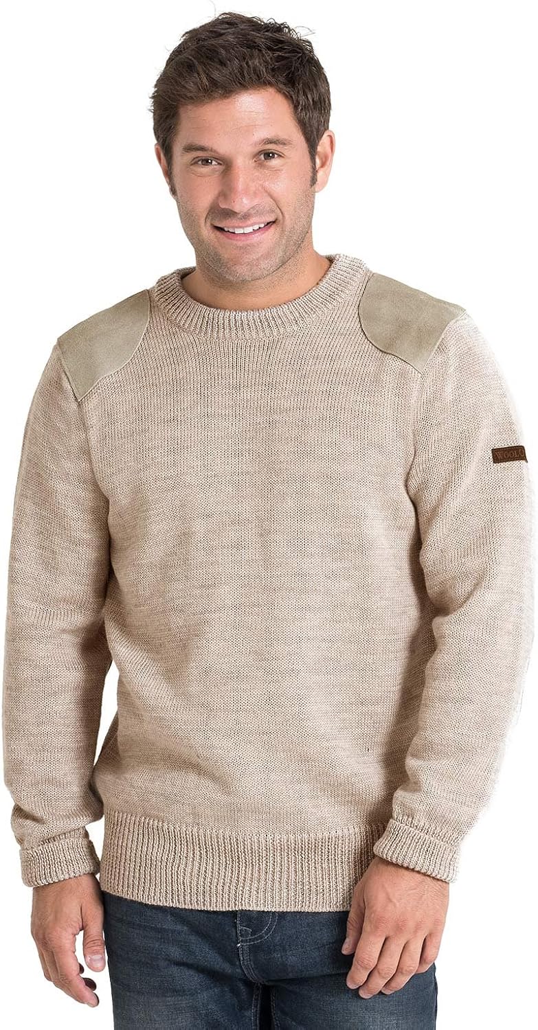 WoolOvers Mens Pure Wool Huntsman Crew Neck Knitted Sweater Oatmeal, L