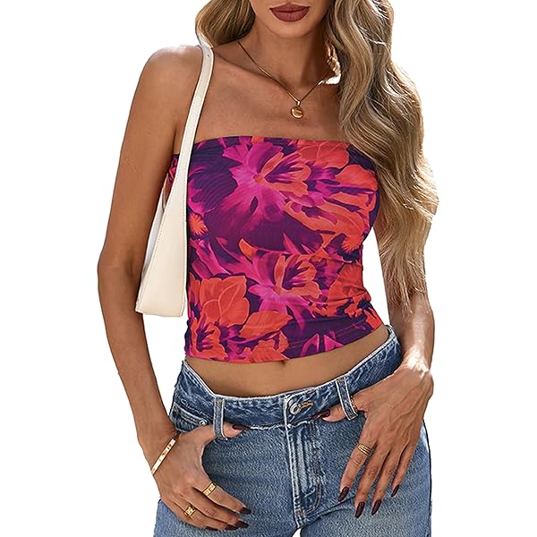 Womens Tube Tops Pink Flower Floral Mesh Crop Top Strapless