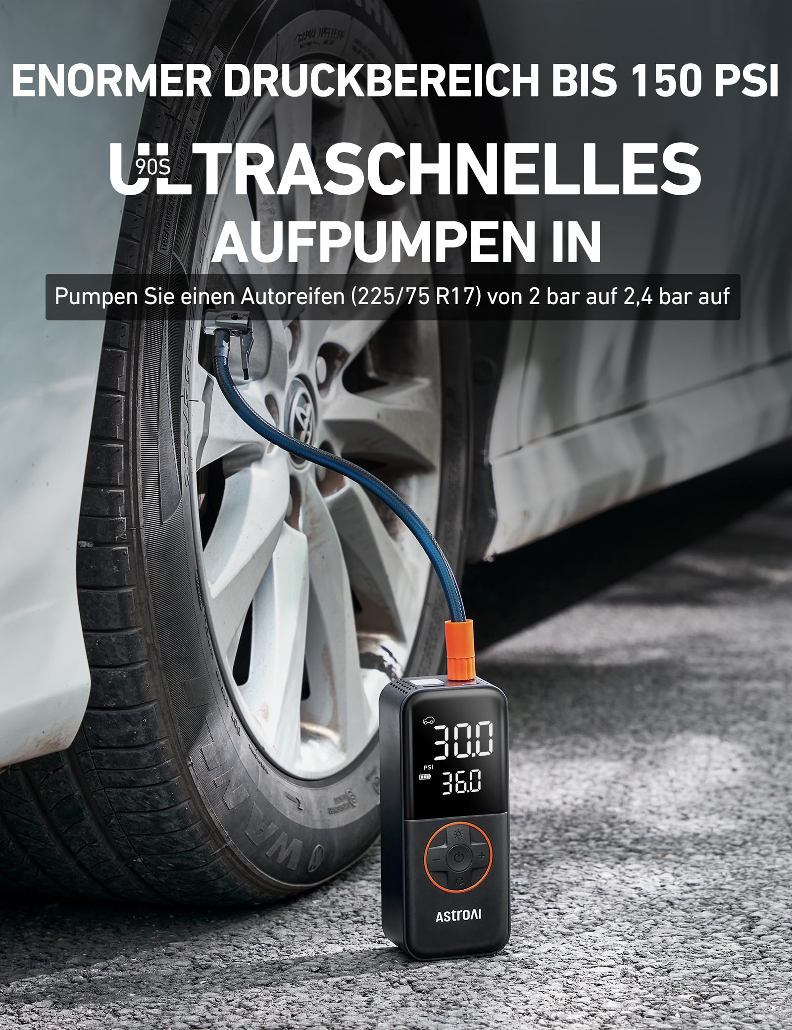 AstroAI Elektrische Luftpumpe Fahrrad, 6600 mAh Akku Luftpumpe, 10,3 Bar 4