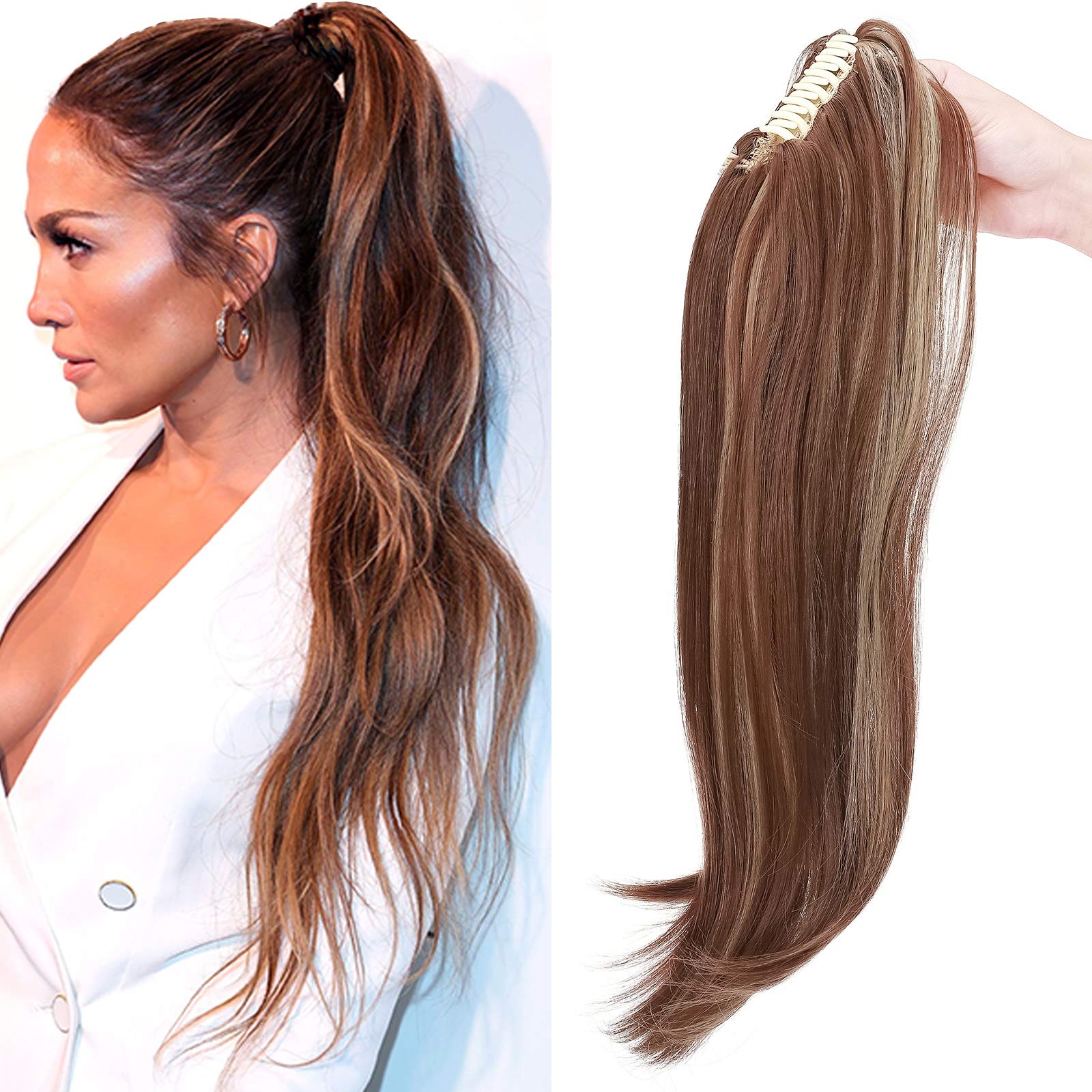 22" Claw On Ponytail Extensions Slightly Wavy Tails Clip In Hairpieces Long Curly Ponytail Synthetic For Women Ladies, Light Brown & Ash Blonde