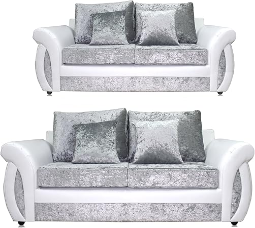 Shannon White And Silver Crushed Velvet Sofa Settee Couch 2 3